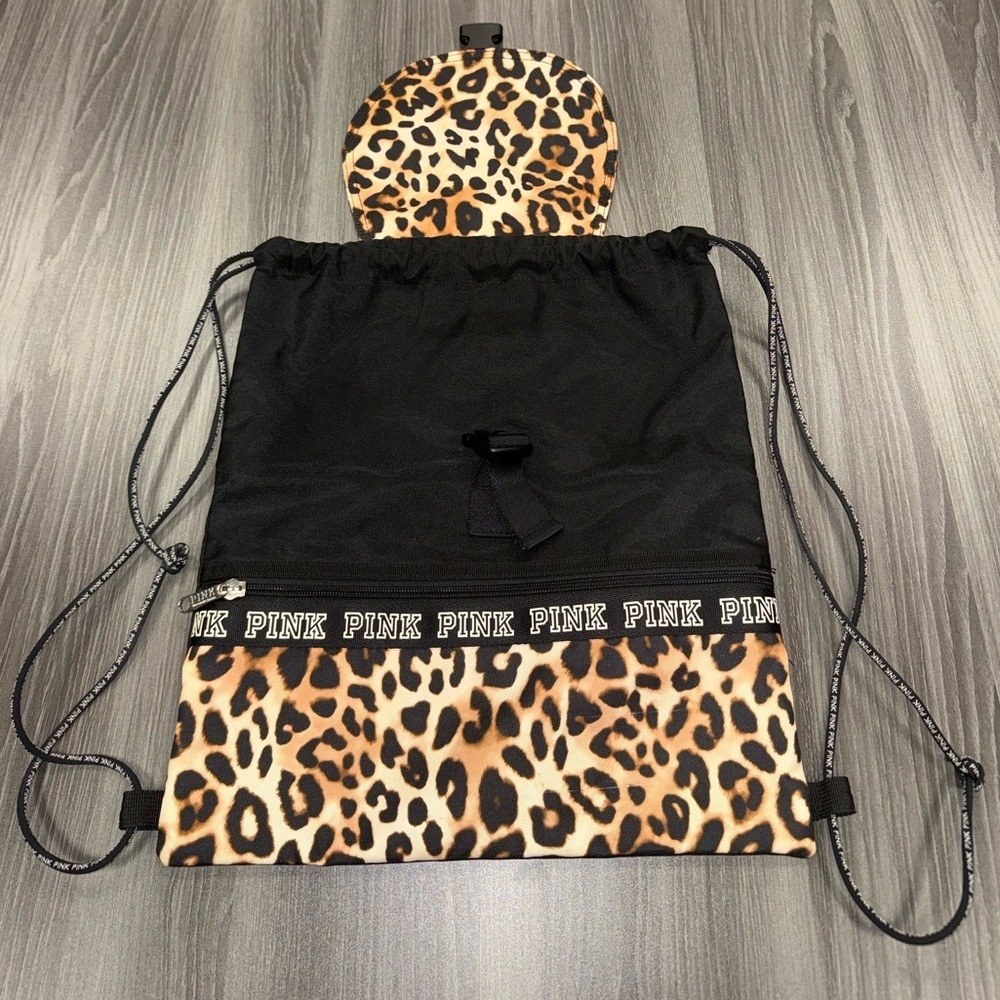 PINK Victoria’s Secret Black & Leopard Print Drawstring Backpack Shoulder Bag - Picture 3 of 8